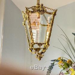 Vintage French decorative solid gilt brass & glass chandelier lantern light