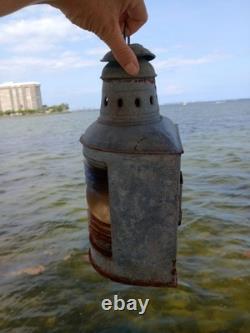 Vintage Galvanized Steel Nautical Lantern Antique Marine Boat Light Fresnel Lens
