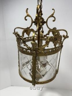 Vintage Gilt Brass Foyer Lantern Chandelier with 2 Lights and Etched Round Glass