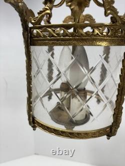 Vintage Gilt Brass Foyer Lantern Chandelier with 2 Lights and Etched Round Glass