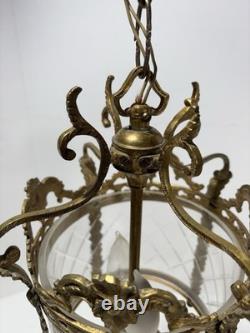Vintage Gilt Brass Foyer Lantern Chandelier with 2 Lights and Etched Round Glass