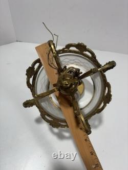 Vintage Gilt Brass Foyer Lantern Chandelier with 2 Lights and Etched Round Glass