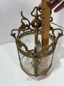 Vintage Gilt Brass Foyer Lantern Chandelier with 2 Lights and Etched Round Glass