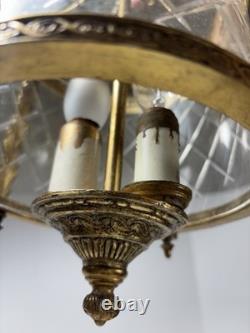 Vintage Gilt Brass Foyer Lantern Chandelier with 2 Lights and Etched Round Glass