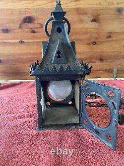 Vintage Gothic Iron Hanging Lamp Lantern Slight Rust Glass Inserts (4 of 5)