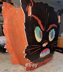 Vintage Halloween Cardboard TWO FACED Black Cat Candy Holder 40s 50s Lantern