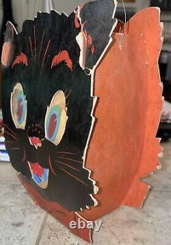 Vintage Halloween Cardboard TWO FACED Black Cat Candy Holder 40s 50s Lantern