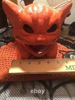 Vintage Halloween Cat On the Fence Pulp Lantern With Inserts CandyContainerWOW
