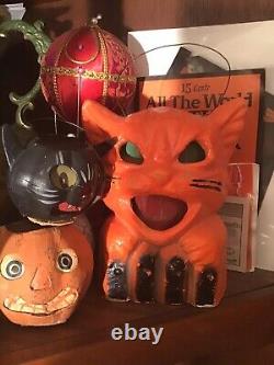 Vintage Halloween Cat On the Fence Pulp Lantern With Inserts CandyContainerWOW