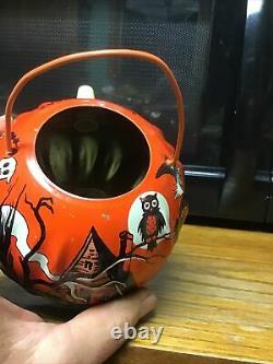 Vintage Halloween Tin Lantern with Noisemaker U. S. Metal Toy Pumpkin Ghost Witch