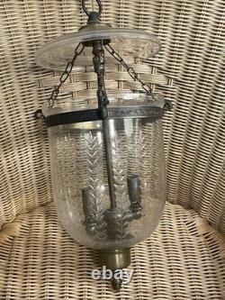 Vintage Hand Blown, Etched Glass Bell Jar Lantern Ceiling Lamp Light Beautiful