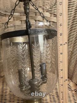 Vintage Hand Blown, Etched Glass Bell Jar Lantern Ceiling Lamp Light Beautiful