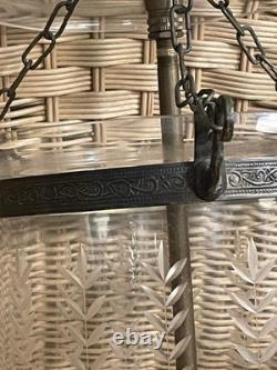 Vintage Hand Blown, Etched Glass Bell Jar Lantern Ceiling Lamp Light Beautiful