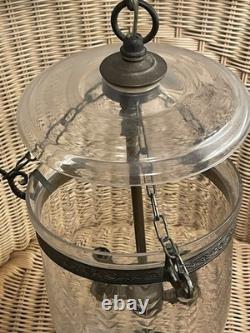 Vintage Hand Blown, Etched Glass Bell Jar Lantern Ceiling Lamp Light Beautiful