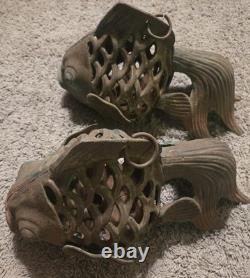 Vintage Heavy Cast Iron Koi Fish Japenese Garden Lantern Holder 14 Long