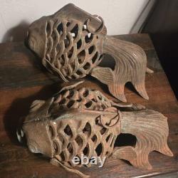 Vintage Heavy Cast Iron Koi Fish Japenese Garden Lantern Holder 14 Long
