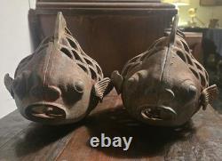 Vintage Heavy Cast Iron Koi Fish Japenese Garden Lantern Holder 14 Long