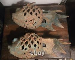 Vintage Heavy Cast Iron Koi Fish Japenese Garden Lantern Holder 14 Long