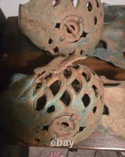 Vintage Heavy Cast Iron Koi Fish Japenese Garden Lantern Holder 14 Long