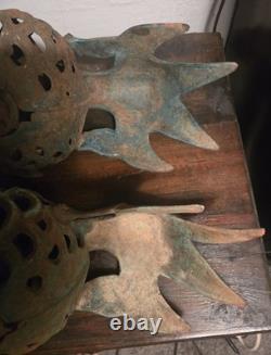 Vintage Heavy Cast Iron Koi Fish Japenese Garden Lantern Holder 14 Long