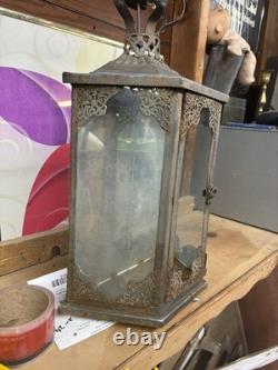 Vintage Hexagon Metal & Glass Tea Light Lantern, Antique Brown Hanging