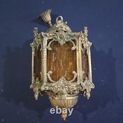 Vintage Hexigonal Brass Amber Glass Chandelier Lantern Light Spanish Revival