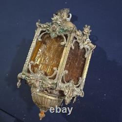 Vintage Hexigonal Brass Amber Glass Chandelier Lantern Light Spanish Revival