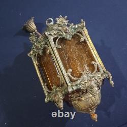 Vintage Hexigonal Brass Amber Glass Chandelier Lantern Light Spanish Revival