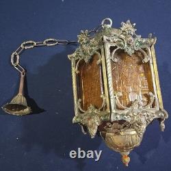 Vintage Hexigonal Brass Amber Glass Chandelier Lantern Light Spanish Revival