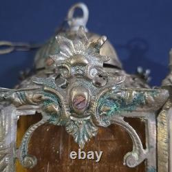 Vintage Hexigonal Brass Amber Glass Chandelier Lantern Light Spanish Revival