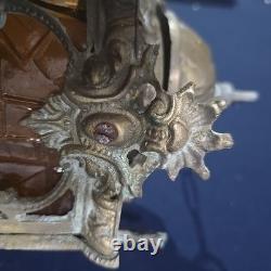 Vintage Hexigonal Brass Amber Glass Chandelier Lantern Light Spanish Revival