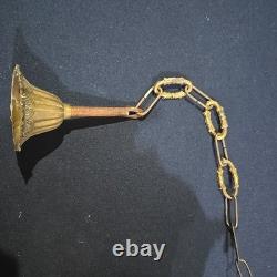 Vintage Hexigonal Brass Amber Glass Chandelier Lantern Light Spanish Revival