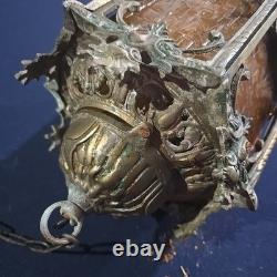 Vintage Hexigonal Brass Amber Glass Chandelier Lantern Light Spanish Revival