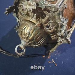 Vintage Hexigonal Brass Amber Glass Chandelier Lantern Light Spanish Revival