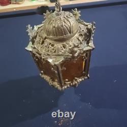 Vintage Hexigonal Brass Amber Glass Chandelier Lantern Light Spanish Revival