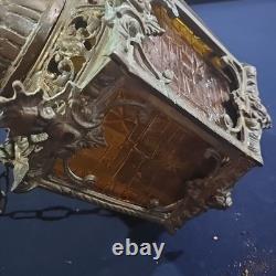 Vintage Hexigonal Brass Amber Glass Chandelier Lantern Light Spanish Revival