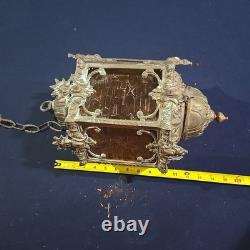 Vintage Hexigonal Brass Amber Glass Chandelier Lantern Light Spanish Revival