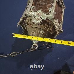 Vintage Hexigonal Brass Amber Glass Chandelier Lantern Light Spanish Revival