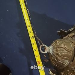 Vintage Hexigonal Brass Amber Glass Chandelier Lantern Light Spanish Revival