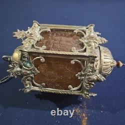 Vintage Hexigonal Brass Amber Glass Chandelier Lantern Light Spanish Revival