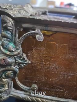 Vintage Hexigonal Brass Amber Glass Chandelier Lantern Light Spanish Revival