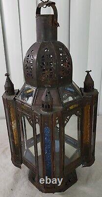 Vintage Islamic Moroccan Pierced Iron Stained Glass Candle Lamp Lantern 20 1/2
