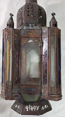 Vintage Islamic Moroccan Pierced Iron Stained Glass Candle Lamp Lantern 20 1/2