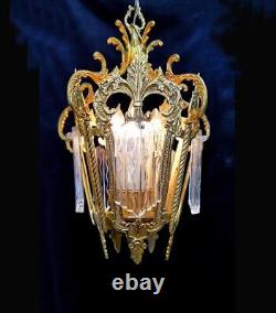 Vintage Italy 11 x 16 Ornate Brass & Wavy Glass Indoor Lantern Chandelier