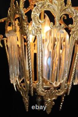 Vintage Italy 11 x 16 Ornate Brass & Wavy Glass Indoor Lantern Chandelier