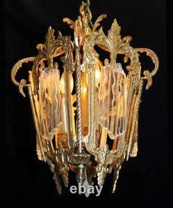 Vintage Italy 11 x 16 Ornate Brass & Wavy Glass Indoor Lantern Chandelier