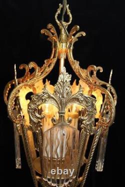 Vintage Italy 11 x 16 Ornate Brass & Wavy Glass Indoor Lantern Chandelier