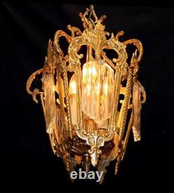 Vintage Italy 11 x 16 Ornate Brass & Wavy Glass Indoor Lantern Chandelier