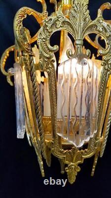 Vintage Italy 11 x 16 Ornate Brass & Wavy Glass Indoor Lantern Chandelier
