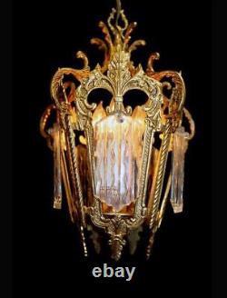 Vintage Italy 11 x 16 Ornate Brass & Wavy Glass Indoor Lantern Chandelier